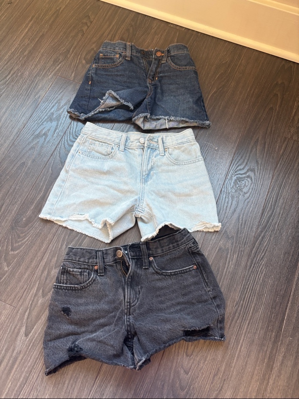 Girls’ Distressed Denim Shorts Trio - Light Blue, Dark Blue, Black